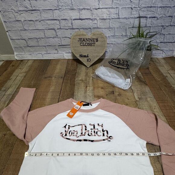 Von Dutch Raglan Embroidered Cropped Sweat Top Sz Large Dirty Pink NWT - Picture 4 of 11